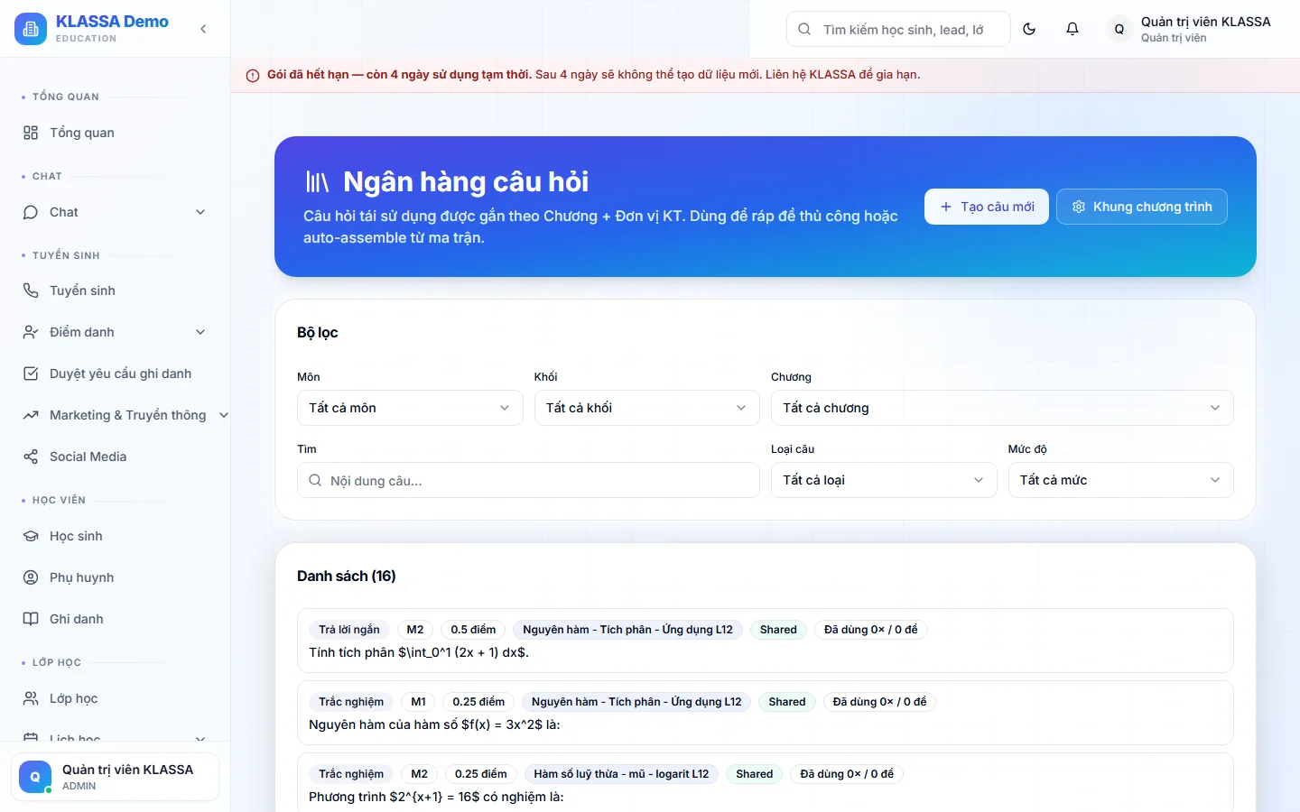Ngân hàng câu hỏi trong KLASSA — quản lý câu hỏi theo môn, độ khó